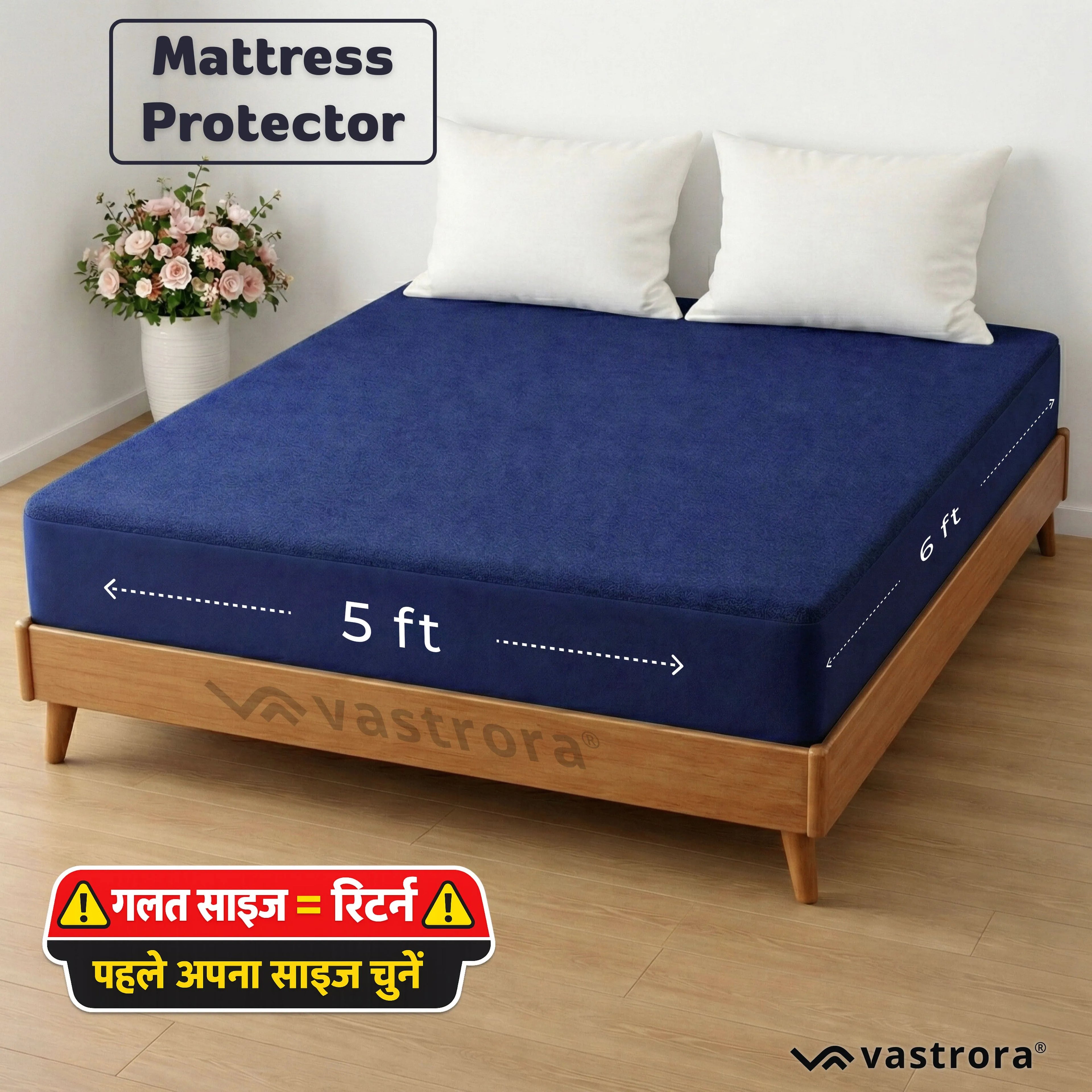 Vastrora Blue Waterproof Elastic Fitted Cotton Terry Mattress Protector 5x6 Ft – Side View Deep Pocket Elastic Fitted Mattress Cover