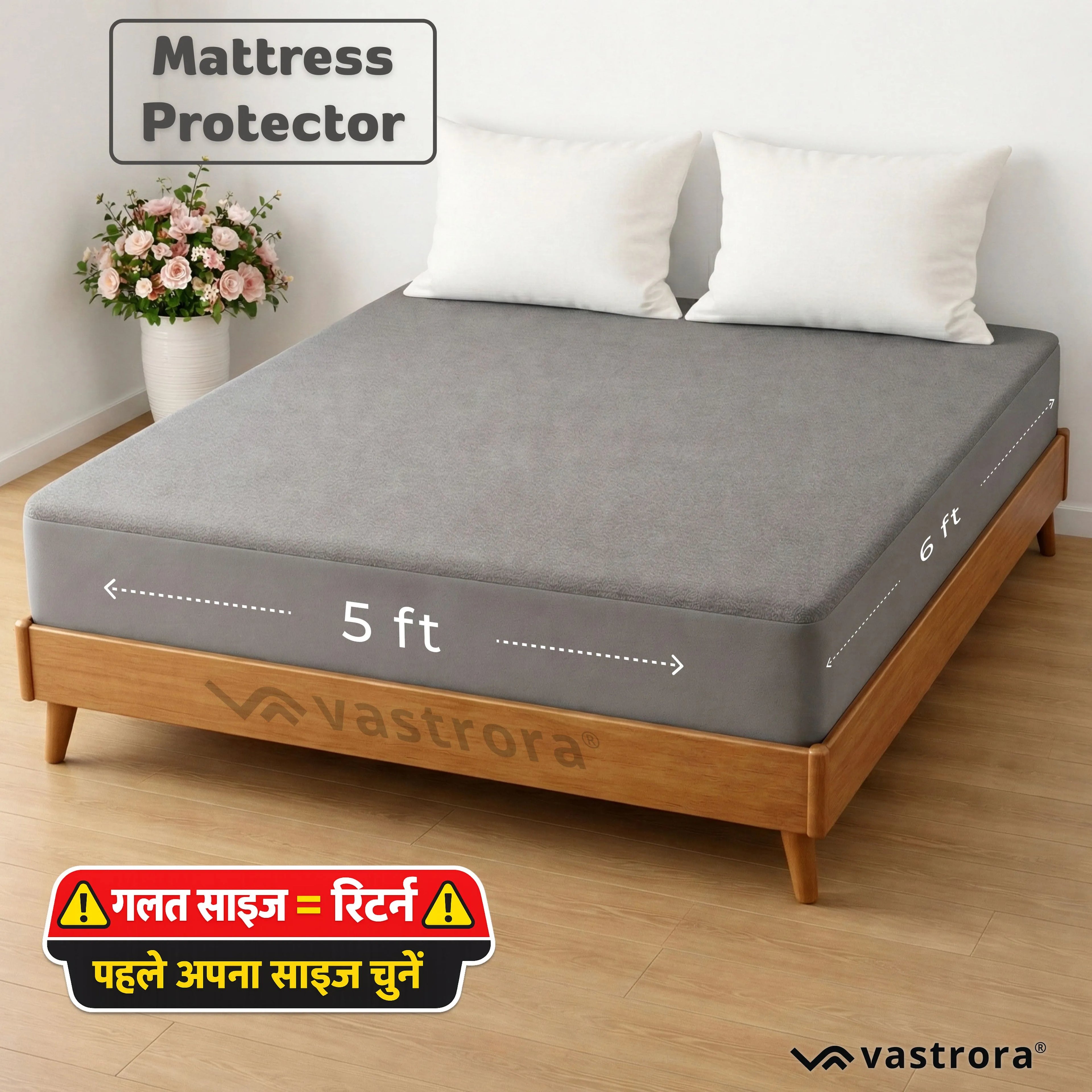 Vastrora Gray Waterproof Elastic Fitted Cotton Terry Mattress Protector 5x6 Ft – Side View Deep Pocket Elastic Fitted Mattress Cover