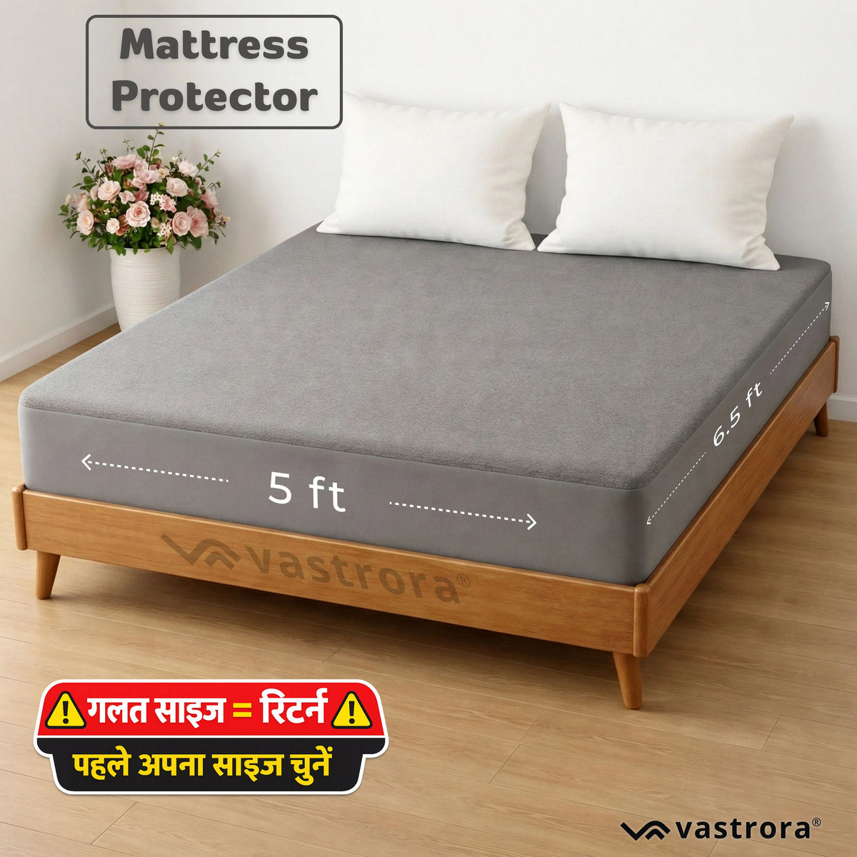 Vastrora Gray Waterproof Elastic Fitted Cotton Terry Mattress Protector 5x6.5 Ft – Side View Deep Pocket Elastic Fitted Mattress Cover