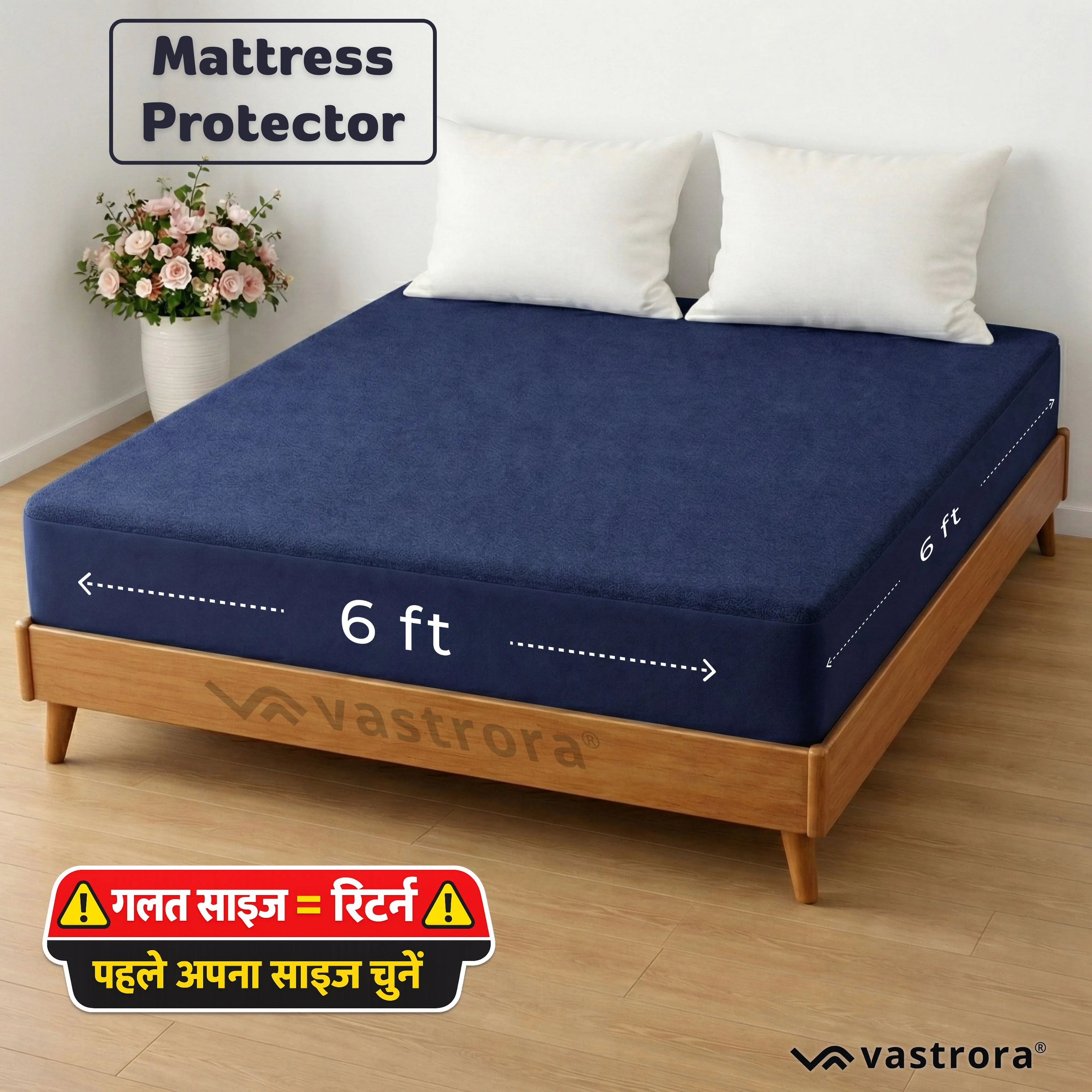Vastrora Blue Waterproof Elastic Fitted Cotton Terry Mattress Protector 6x6 Ft – Side View Deep Pocket Elastic Fitted Mattress Cover