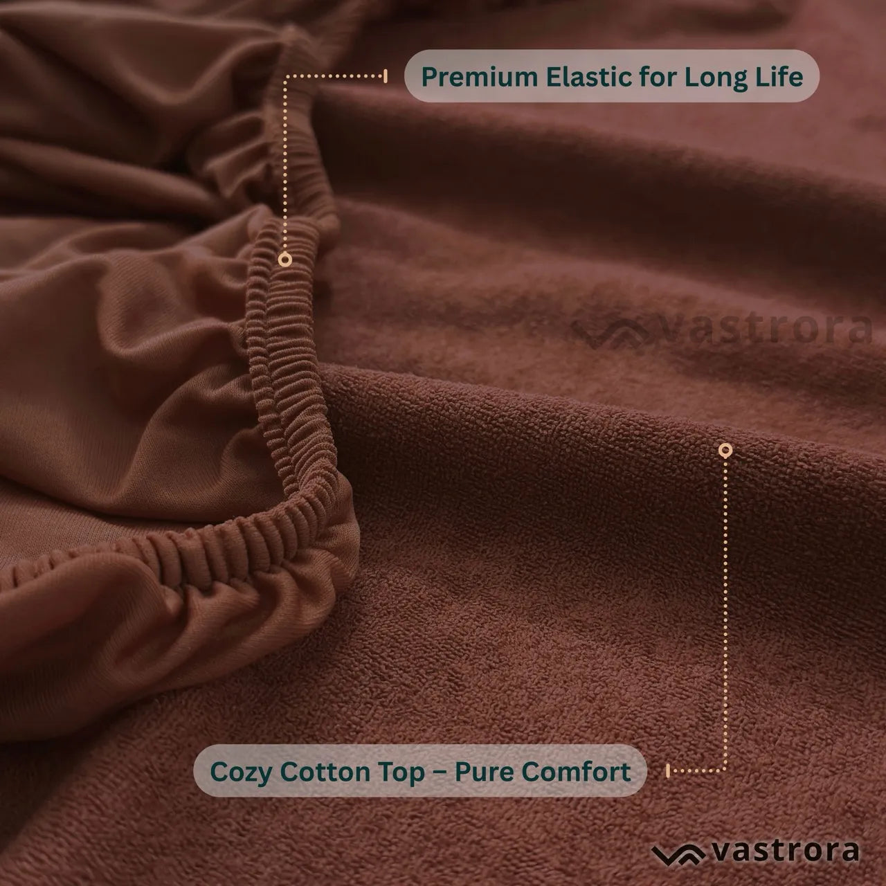 Vastrora Brown Waterproof Elastic Fitted Cotton Terry Mattress Protector – Close Up Detail Soft Cotton Terry Surface Noiseless TPU