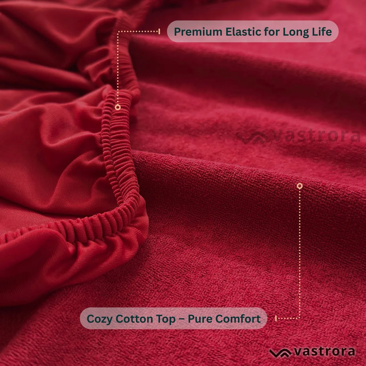 Vastrora Maroon Waterproof Elastic Fitted Cotton Terry Mattress Protector – Close Up Detail Soft Cotton Terry Surface Noiseless TPU