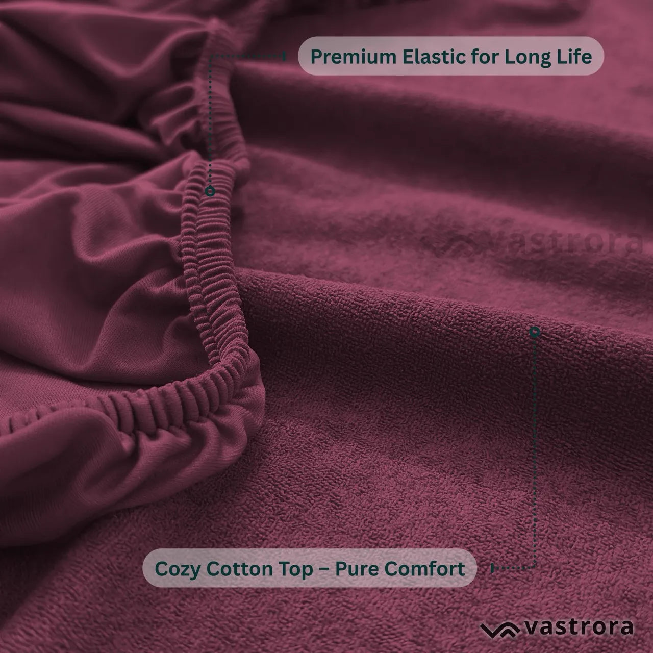 Vastrora Wine Waterproof Elastic Fitted Cotton Terry Mattress Protector – Close Up Detail Soft Cotton Terry Surface Noiseless TPU