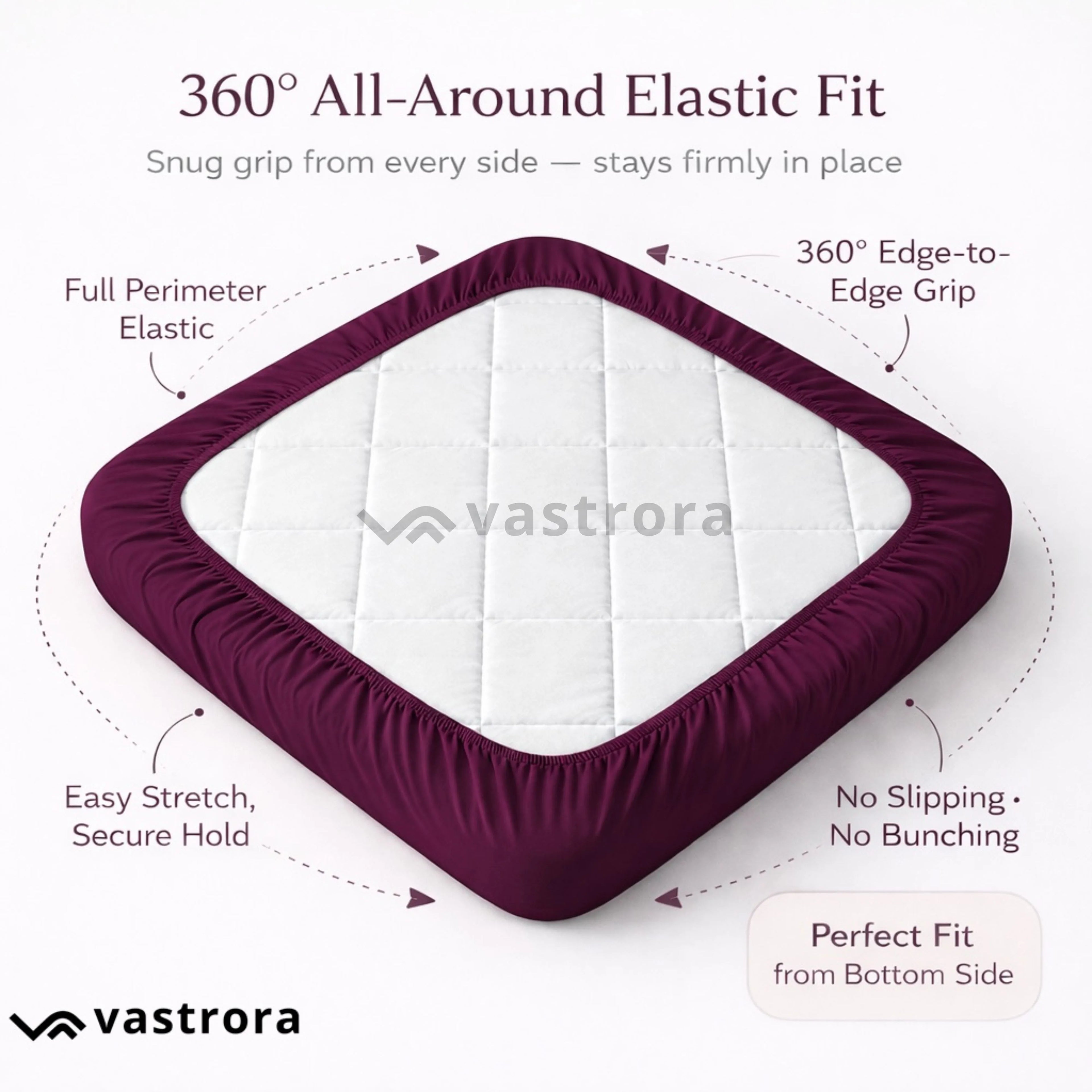 Vastrora Wine Waterproof Elastic Fitted Cotton Terry Mattress Protector – 360 View Full Coverage All Round Elastic No Slipping