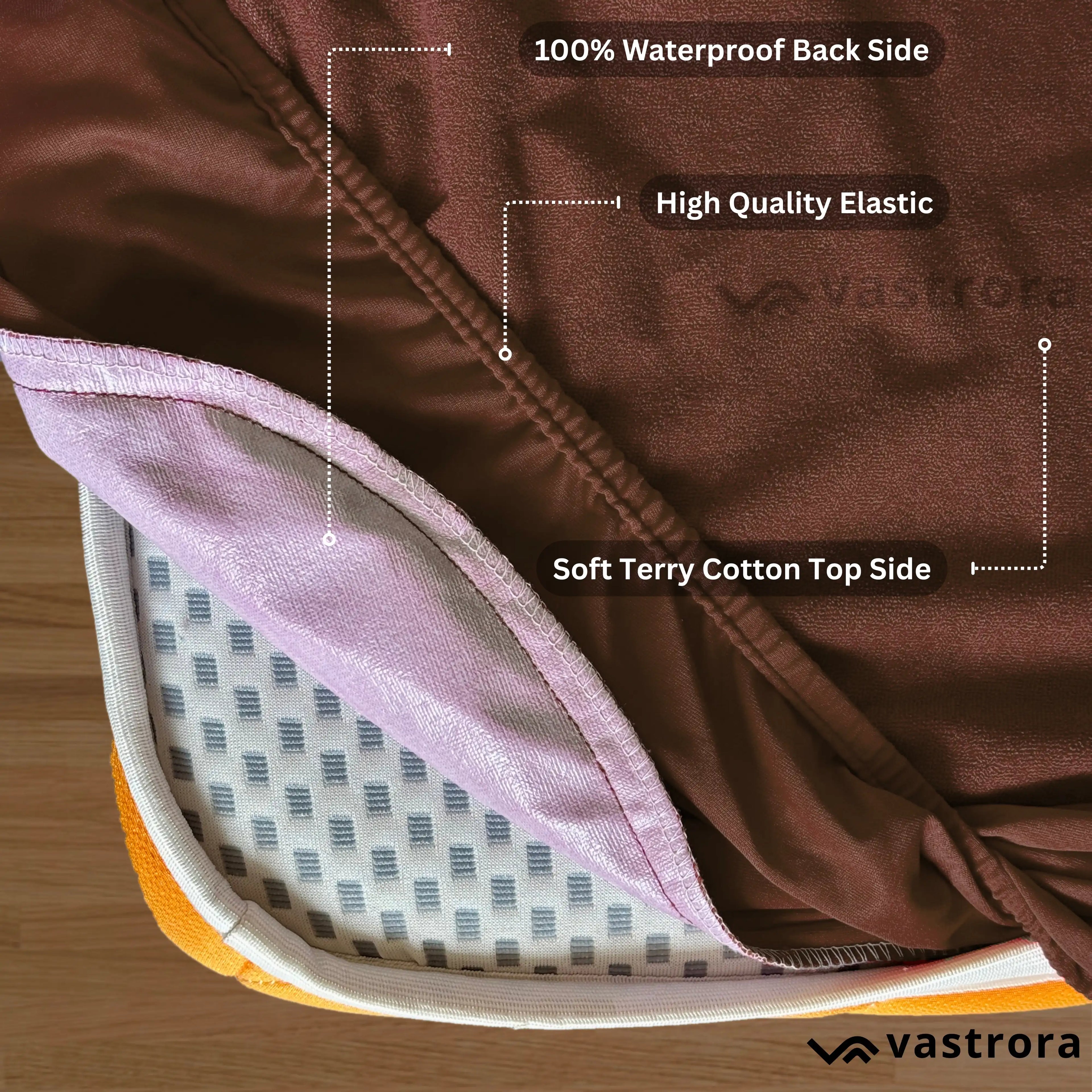 Vastrora Brown Waterproof Elastic Fitted Cotton Terry Mattress Protector – Top View Waterproof TPU Backing Deep Pocket Fit
