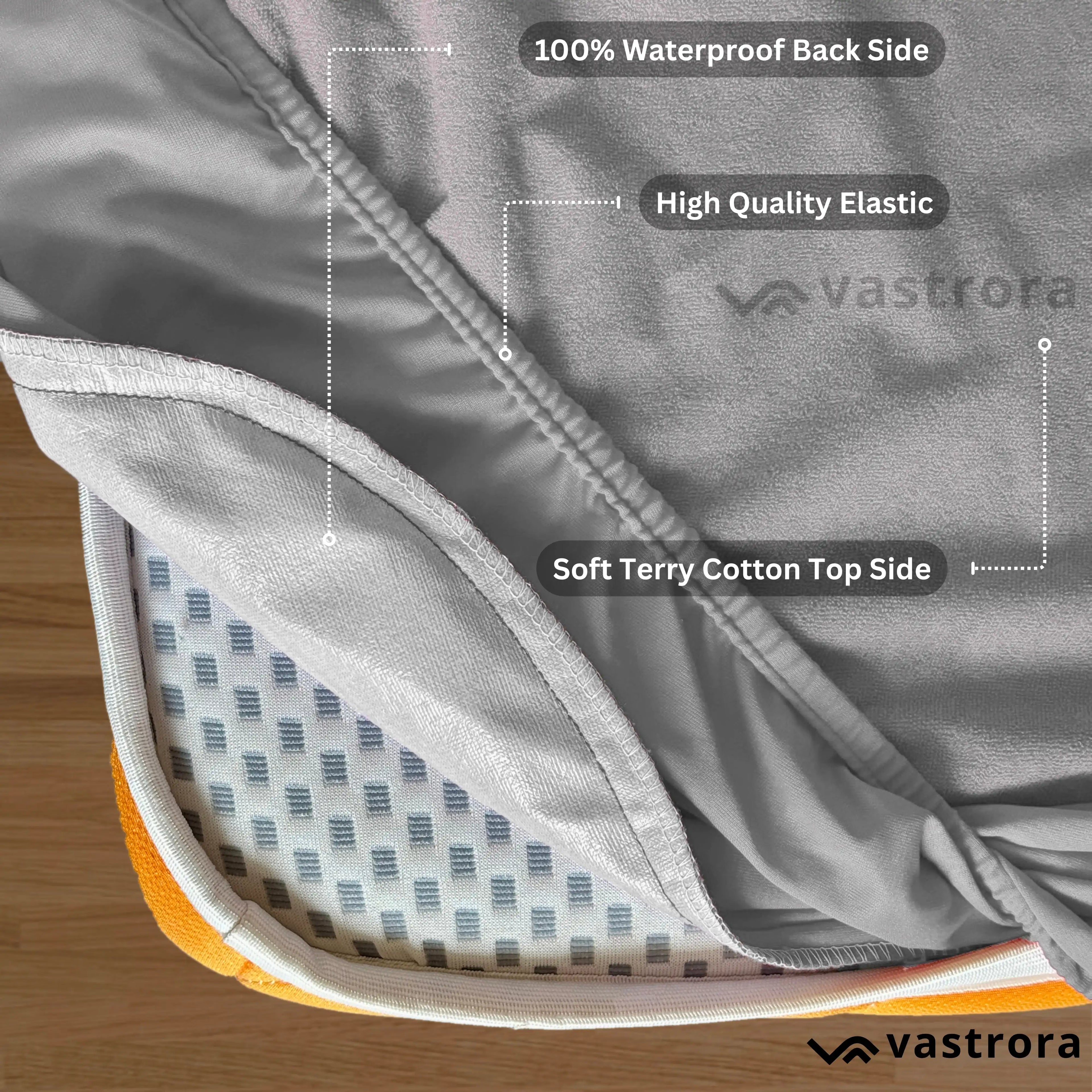 Vastrora Gray Waterproof Elastic Fitted Cotton Terry Mattress Protector – Top View Waterproof TPU Backing Deep Pocket Fit