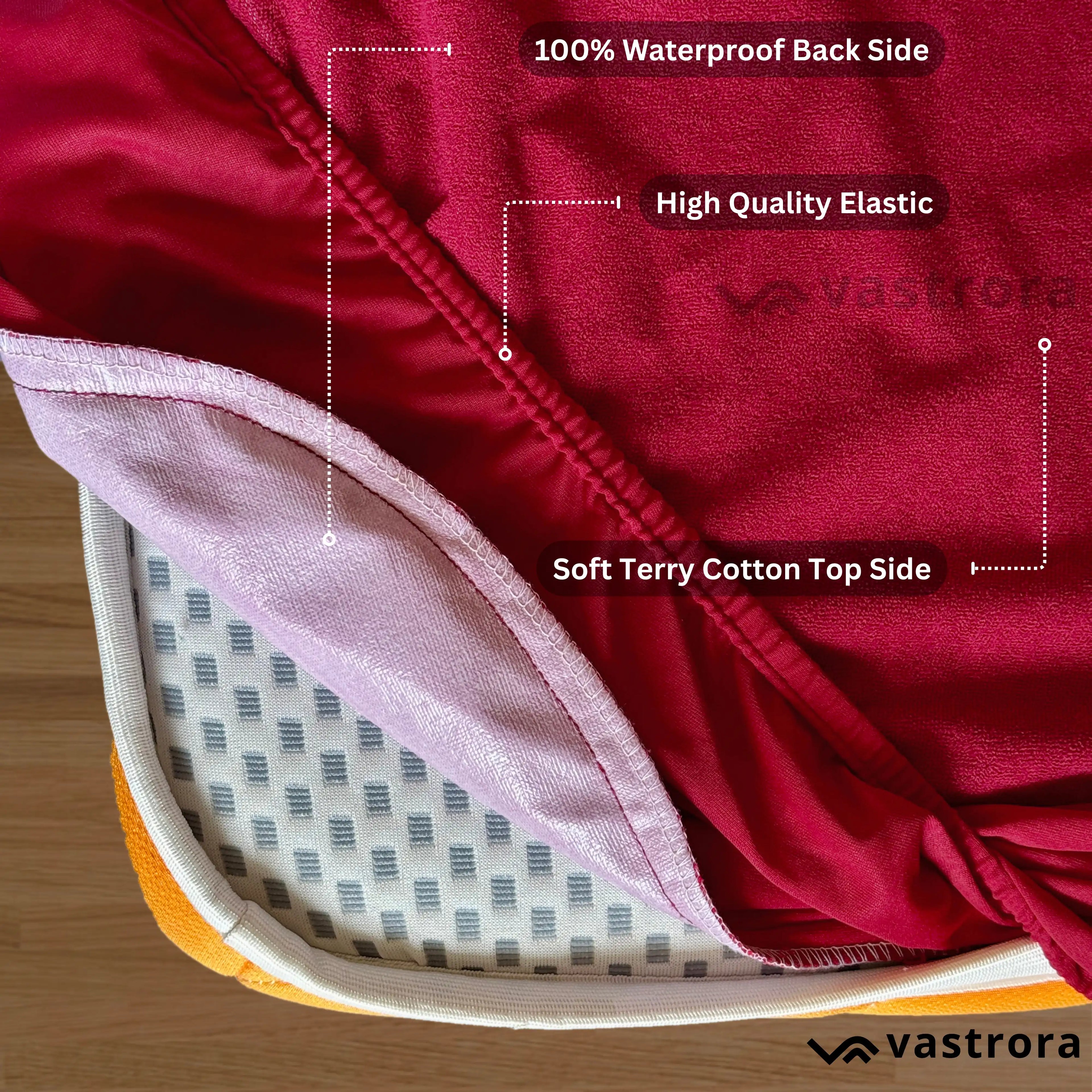 Vastrora Maroon Waterproof Elastic Fitted Cotton Terry Mattress Protector – Top View Waterproof TPU Backing Deep Pocket Fit