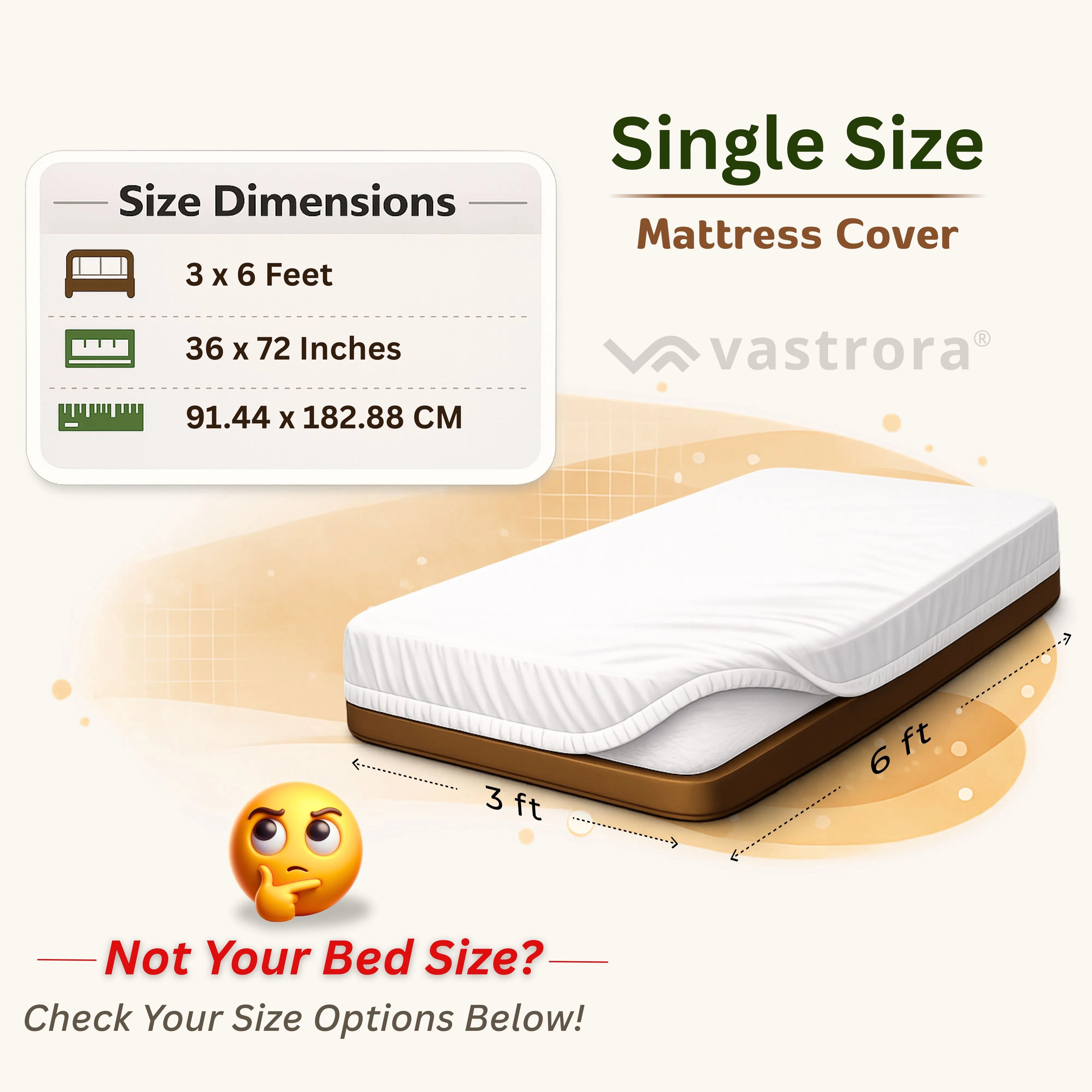 Vastrora Waterproof Elastic Fitted Cotton Terry Mattress Protector 3x6 Ft – Size Chart Single Double Queen King Bed Dimensions